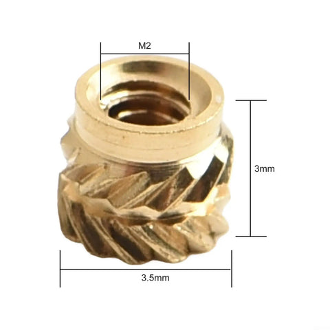 Top Tier Brass Knurled Heat Set Threaded Inserts For 3D Prints And Thermoplastics, M2 size, detailed view showing dimensions and threading.