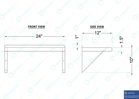 Diagram of Stainless Steel Wall Shelf 24 Inch Long 12 Inch Deep With Bullnose Edge And 1 Inch Backsplash Beefy Built Shelving