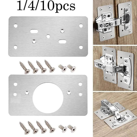 Cabinet Hinge Repair Kit With Dual Use Plates And Stainless Steel Mounting Screws For Doors And Side Panels Easy DIY Furniture Restoration That Covers Damaged Areas And Keeps Cabinet Doors Solid