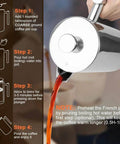 Pouring coffee from 34oz 304 Stainless Steel French Press Coffee Maker with Insulated Double Wall Carafe, brewing instructions on side