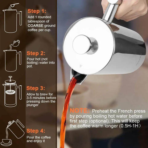 Pouring coffee from 34oz 304 Stainless Steel French Press Coffee Maker with Insulated Double Wall Carafe, brewing instructions on side