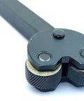 Close-up of Self Adjusting Pivot Head Knurling Tool With 10 Millimeter Shank For Diamond Knurling In Metal, showing knurling wheels and pivot.