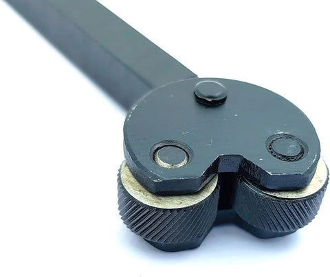 Close-up of Self Adjusting Pivot Head Knurling Tool With 10 Millimeter Shank For Diamond Knurling In Metal, showing knurling wheels and pivot.