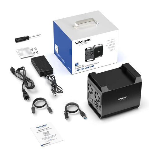Hella Fast Badass 4 Bay External Hard Drive Enclosure for 3.5 and 2.5 Inch SATA HDD SSD with accessories and packaging.
