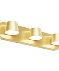 Gold three-light vanity fixture with a sleek design, featuring three evenly spaced LED lights on a curved backing.