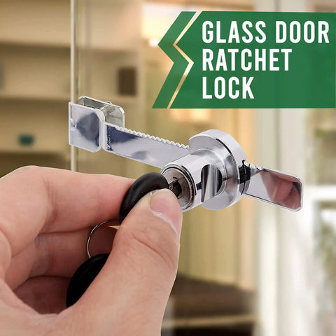 Close-up of Sliding Glass Door Ratchet Lock With Chrome Finish For Cabinets And Display Showcases, equipped with keys in use.