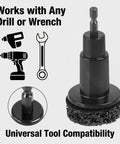 Wheel Hub Resurfacing And Stud Cleaning Kit For Quick Rust Removal On Lug Nuts And Brake Rotors Fits Half Inch Wrenches And Electric Drills Eight Piece Automotive Tool Set attachment with icons for drill and wrench compatibility.