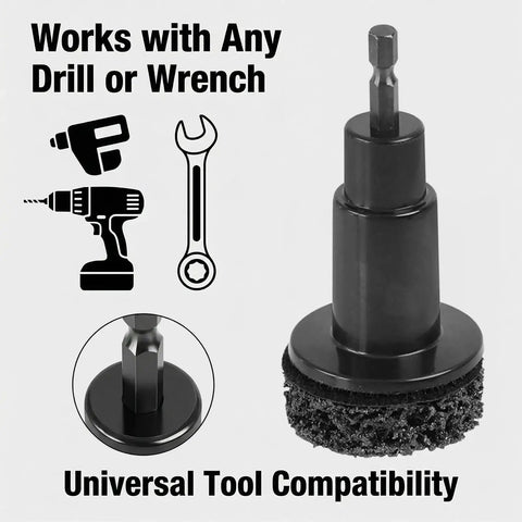 Wheel Hub Resurfacing And Stud Cleaning Kit For Quick Rust Removal On Lug Nuts And Brake Rotors Fits Half Inch Wrenches And Electric Drills Eight Piece Automotive Tool Set attachment with icons for drill and wrench compatibility.