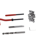 Thread Repair Kit M8x1 25mm Complete Set With Drill Bit, 20 Inserts, Hex Wrench, And Extra Pro Grade Tools For Quick And Easy Thread Repairs In Metal, Plastic, And Aluminum Surfaces. kit parts laid out