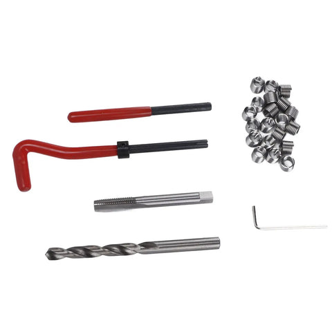 Thread Repair Kit M8x1 25mm Complete Set With Drill Bit, 20 Inserts, Hex Wrench, And Extra Pro Grade Tools For Quick And Easy Thread Repairs In Metal, Plastic, And Aluminum Surfaces. kit parts laid out