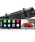 4K Rear View Mirror Camera with CarPlay and Android Auto, 12 Inch Dash Cam Front and Rear with Voice Control and Touch Screen