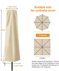 Heavy Duty Outdoor Umbrella Cover For 6 To 9 Foot Patio Umbrellas Built To Last Waterproof Windproof And UV Shield Khaki Garden Parasol Cover shown with dimensions and fit chart