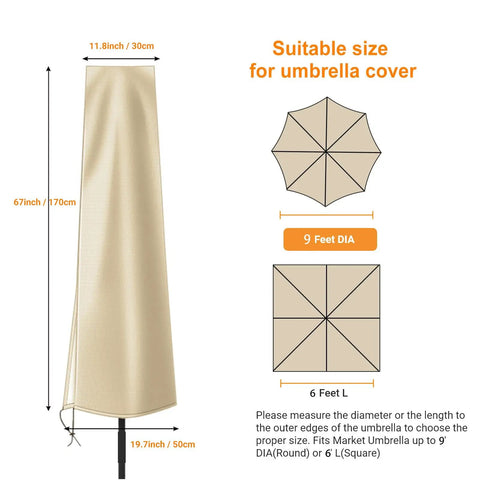 Heavy Duty Outdoor Umbrella Cover For 6 To 9 Foot Patio Umbrellas Built To Last Waterproof Windproof And UV Shield Khaki Garden Parasol Cover shown with dimensions and fit chart