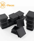 30 Pack One And One Half Inch Square Plastic End Caps for Square Tubing Chair Legs Fence Black displayed in stacks