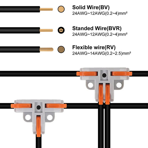 30 Pack T Tap Wire Connectors Kit With 3 And 4 Port Quick Push In Splitters For 24 12 AWG Wire, showing connection to solid and stranded wires.