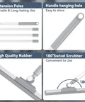 Diagram showing features of Floor Squeegee With 180 Degree Rotating Head And 52 Inch Extendable Handle For Quick Streak Free Cleaning
