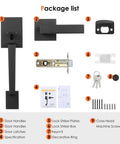 Package list of Matte Black Front Door Handle Set With Single Cylinder Exterior Entry Lever Reversible For Right Or Left Handed Doors Built Tough Zinc Alloy Build Durable Electroplated Finish Easy Install