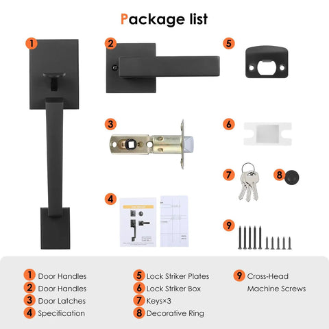 Package list of Matte Black Front Door Handle Set With Single Cylinder Exterior Entry Lever Reversible For Right Or Left Handed Doors Built Tough Zinc Alloy Build Durable Electroplated Finish Easy Install
