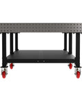 Boss Level Welding Workstation With Smooth Rolling Casters Heavy Duty Steel Fabrication Bench 120 By 60 showing top view with precision hole grid and built-in shelf.