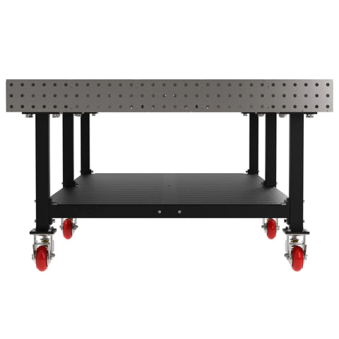 Boss Level Welding Workstation With Smooth Rolling Casters Heavy Duty Steel Fabrication Bench 120 By 60 showing top view with precision hole grid and built-in shelf.