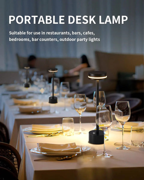 Go To Cordless Battery Powered LED Desk Lamp With Touch Control illuminating a dining setup at a restaurant, ideal for versatile use
