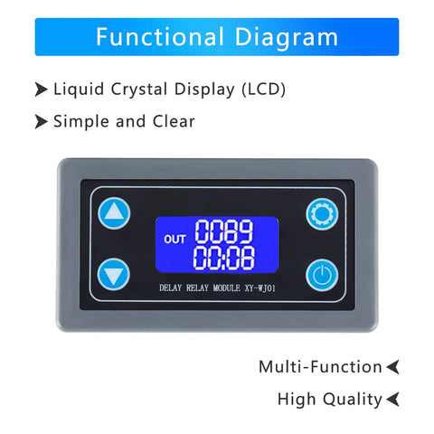 Delay Relay Timer Module DC 6 30V 12V 24V Digital Timer Plug And Play With Multiple Trigger Options 0.01s To 9999 Min Range 50mA Adjustable Period Switch For AC 220V Power On Off Controller With LCD Display And Button, front LCD view