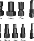 Image of Pro-Grade Motorcycle Blind Bearing Extractor Puller Kit 8-25mm, showing 10-piece durable alloy steel set with sizes and measurements.