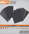 Waterproof Sandpaper Kit Pro Grade With 36 Assorted Grit Sheets From 120 To 2500 displayed with grits and packaging
