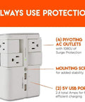 Wall Charger Surge Protector With Four Pivoting AC Outlets And Two USB Ports, 1080 Joules, showing pivoting outlets and USB ports