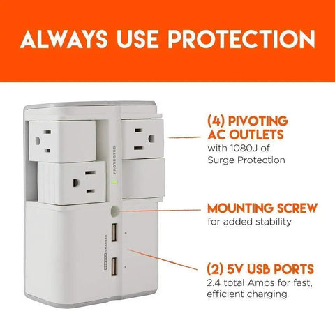 Wall Charger Surge Protector With Four Pivoting AC Outlets And Two USB Ports, 1080 Joules, showing pivoting outlets and USB ports