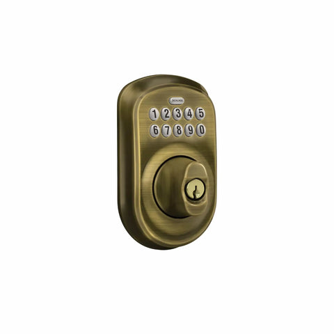 Plymouth Electronic Keypad Deadbolt Lock With Keyless Front Door Entry For Easy No Key Fumble Home Access, Mechanical Key Backup Included, Antique Brass Finish, BE365 V PLY 609, Strong Grade 2 Security