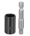 Premium Cr-V Steel 10mm Shallow 6-Point Impact Socket With 1/4 Inch Drive, 25 Mm Depth Plus Extra Long Hex Shank Adapter For Tight Spots And Bolt Removal Jobs, shown with adapter