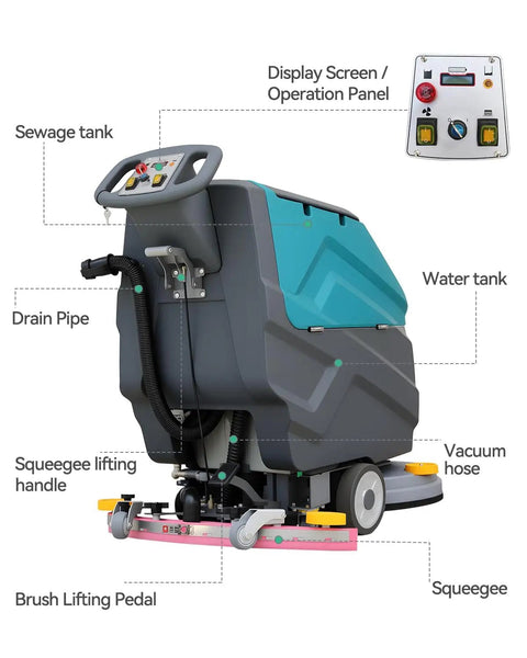 Cordless Walk-Behind Commercial Floor Scrubber Pro With 22 Inch Scrubbing Width And 33 Inch Squeegee Suction Width, 18.5 Gallon Sewage Tank And 15.9 Gallon Water Tank, Cleans Up To 32,000 Sqft Per Hour, Complete Parts Kit, shown with labeled components.