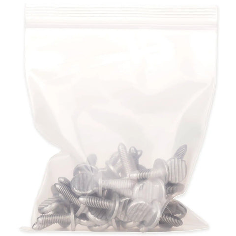 Metric Thumb Screws For License Plate Mounting 25 Pack in a clear bag, showcasing rustproof, heavy duty automotive fasteners.