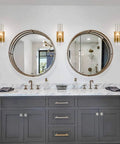 Modern bathroom featuring two Brushed Gold Wall Sconce With Clear Glass Cylinder Shade 1 Light Modern Transitional Wall Light Fixture