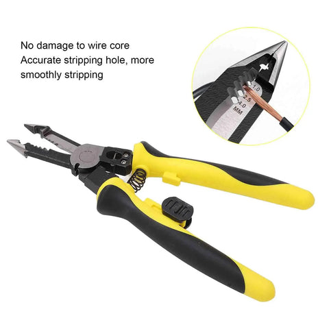 Multi Function Wire Stripper And Crimping Pliers With Safety Latch For Electrical DIY Projects, Pro Grade Tool, close-up view