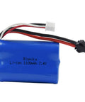 Two Pack 7.4V 1100mAh Li Ion Rechargeable Batteries with SM2P plug visible, blue casing, wires attached.