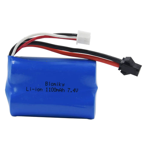 Two Pack 7.4V 1100mAh Li Ion Rechargeable Batteries with SM2P plug visible, blue casing, wires attached.