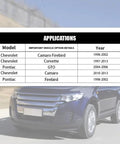 Chart showing vehicle applications for Chevrolet and Pontiac models including Camaro, Firebird, Corvette, and GTO with years.