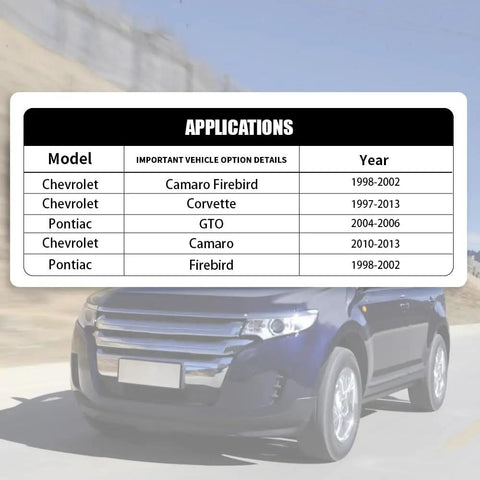 Chart showing vehicle applications for Chevrolet and Pontiac models including Camaro, Firebird, Corvette, and GTO with years.