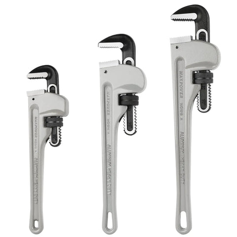 Aluminum Pipe Wrench Set For 10 Inch 14 Inch And 18 Inch Pipes With 1 Inch 2 Inch And Two And A Half Inch Jaw Capacity