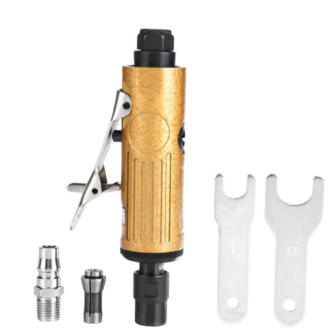 Rock Solid Metal Straight Shank Pneumatic Air Die Grinder with accessories for precision machining and low noise operation.