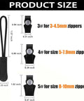 Zipper Repair Kit 18 Piece Universal Quick Install Replacement Zipper Heads For Size 3, 5, And 8 Nylon, Plastic, And Metal Zippers, Detachable Sliders For Jackets, Luggage, Bags, No Sewing Required product size chart with dimensions.