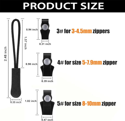 Universal Zipper Repair Kit 18 Pcs With 3 Size Replacement Zipper Pullers For 3 5 8 Nylon Plastic Metal Zippers product size chart