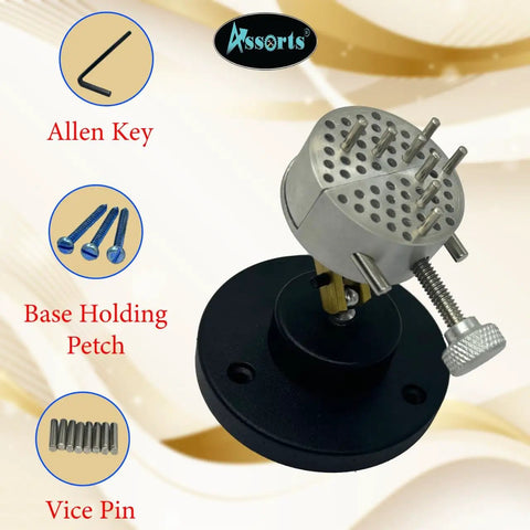 Hands Free Work Holder With Peg Clamp Base 360 Degree Revolving Vise Bench Tool Set For Jewelry Making, shown with components.