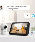 2K Indoor Security Camera With 360 Degree View, Baby Monitor And Pet Camera next to Alexa-enabled display showing pet and owner.