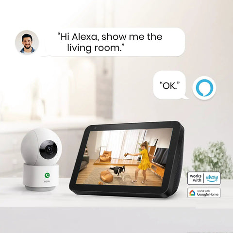 Digital screen displaying a living room through 2K Indoor Security Cam for Home, Baby Monitor and Pet Cam, 360-Degree Coverage.