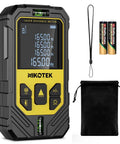 Laser Distance Meter With Dual Bubble Levels And Backlit LCD, Ultra Accurate Measuring Tool For Distance, Area And Volume, Pythagorean Mode, 165 Ft Range, Switchable Units M In Ft, Easy Readouts; front view with batteries and pouch