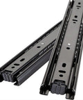 Top Shelf Heavy Duty Full Extension Drawer Slides With Dual Ball Bearings Gliding Smooth As Butter Soft Closing Side Mount Cabinet Hardware Black Finish Supports Forty Five Kilograms Per Pair Easily Daily showing rails in close-up view.