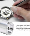 Stainless Steel Watch Movement Holder Tool for 2824 2892 2813 8200 Movements with repair base and secure fixation in use.